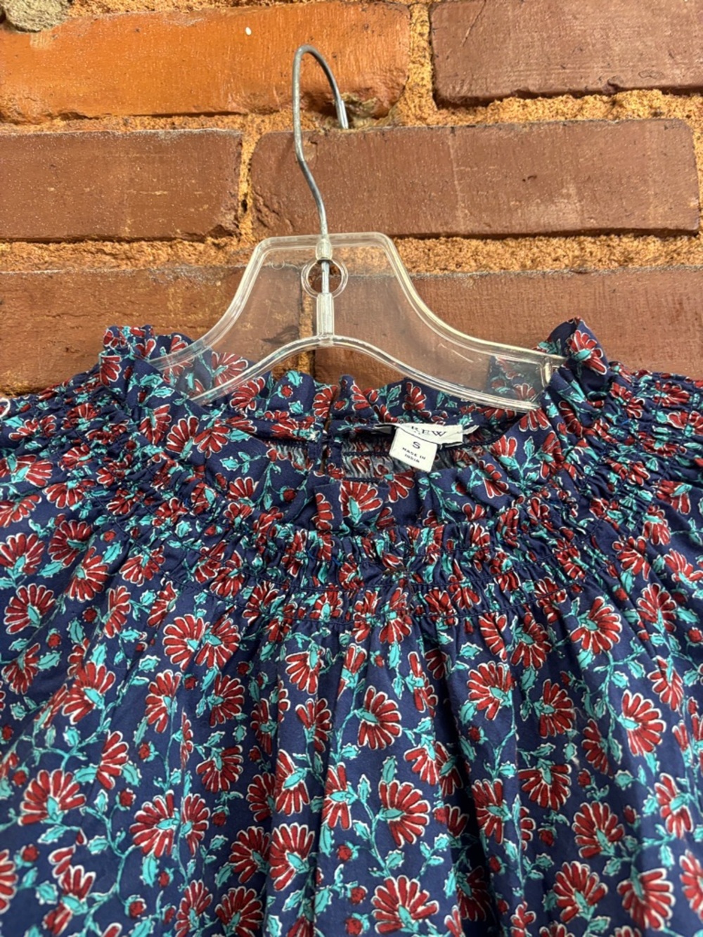 J Crew Smocked Neck Floral Peasant Blouse - Navy with Red & Teal Flowers Sz S - Picture 4 of 5